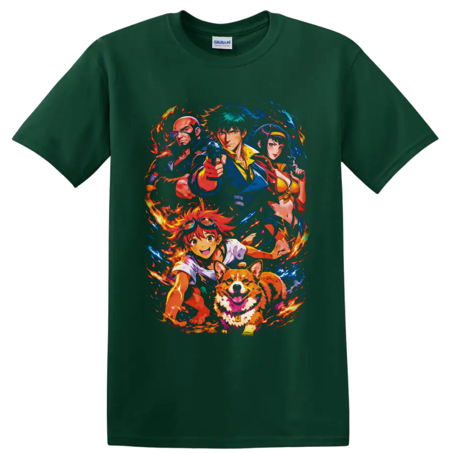 Cowboy Bebop crew anime art with Spike, Jet, Faye, Edward, Ein, flames and blue energy on a Forest Green T Shirt