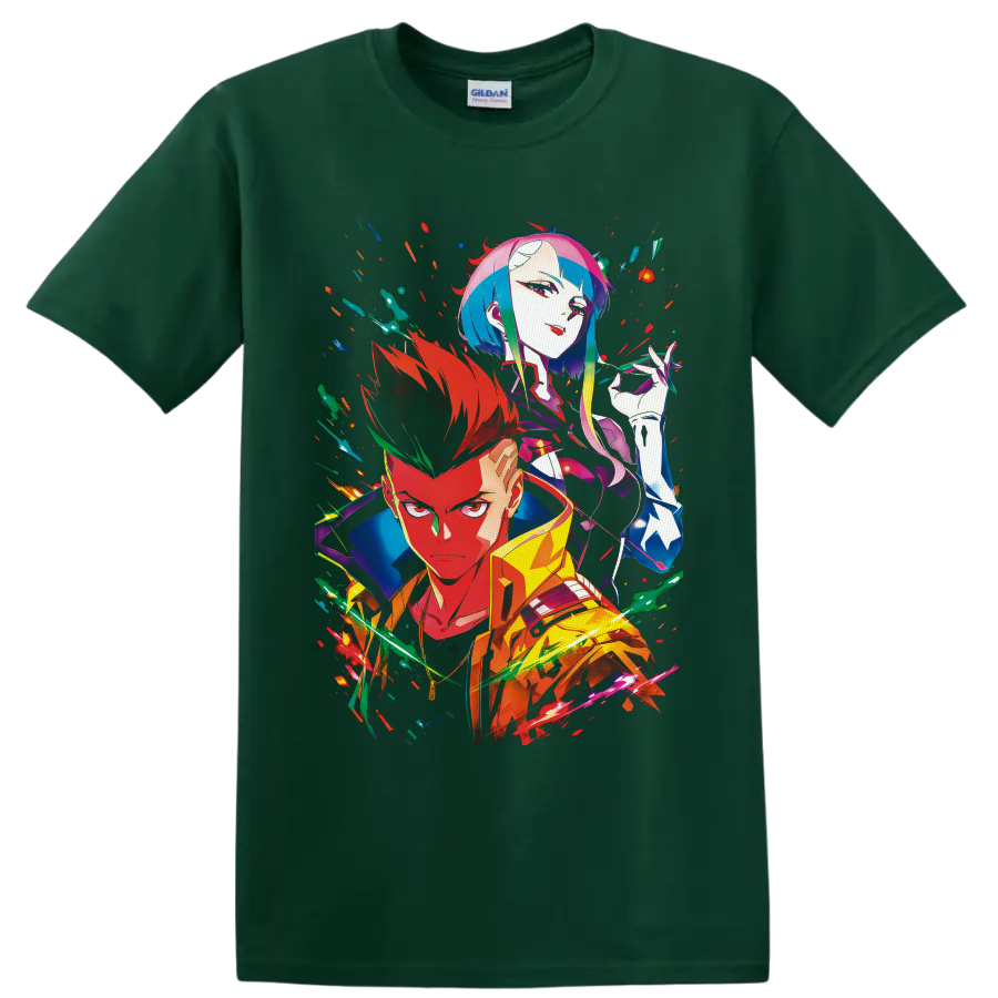 David Martinez and Lucy Kushinada in vivid neon cyberpunk anime character art on a Forest Green T Shirt