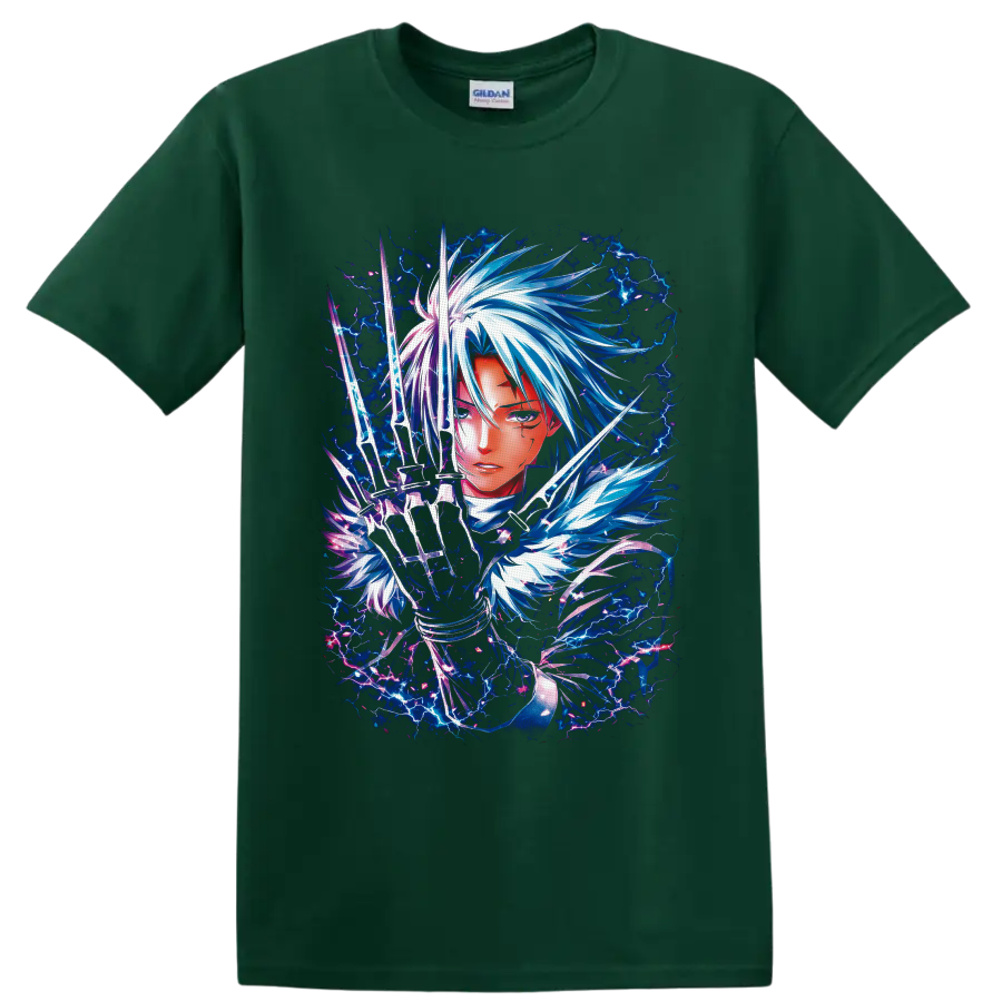 Allen Walker D.Gray-man anime art with glowing blades and electric blue lightning on a Forest Green T Shirt
