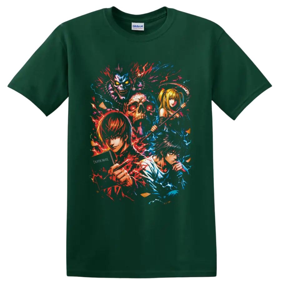 Death Note character collage with Light, L, Misa, Ryuk, skull, scythe, and splatter art on a Forest Green T Shirt