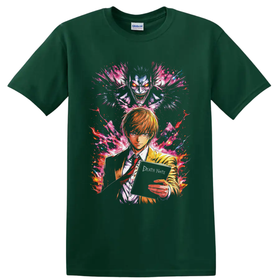 Light Yagami and Ryuk in neon manga art with a notebook and electric energy on a Forest Green T Shirt