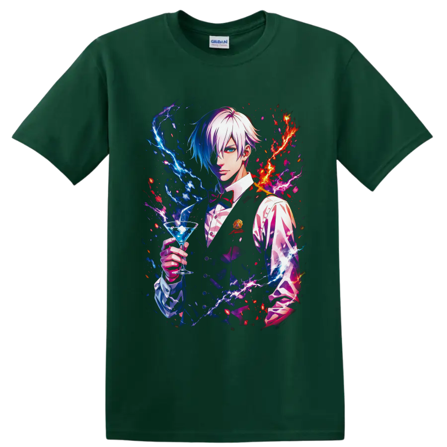 Decim Death Parade bartender holding a blue cocktail amid neon red and blue lightning on a Forest Green T Shirt