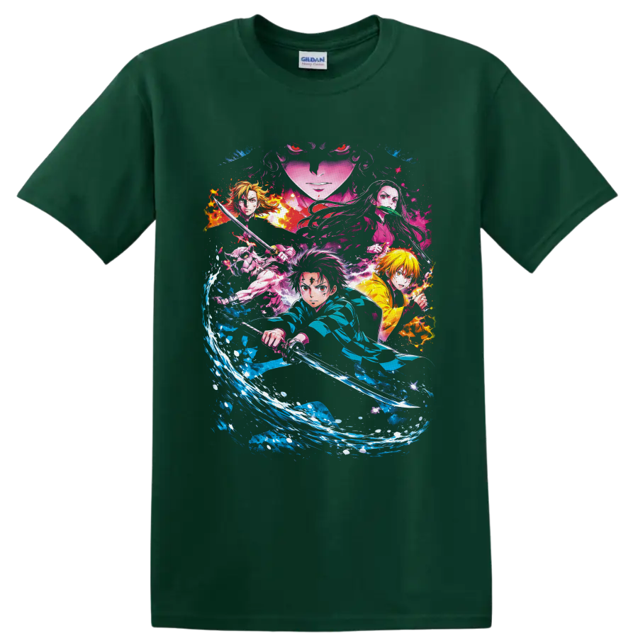 Demon Slayer collage with Tanjiro, Zenitsu, Inosuke, Nezuko, water and flame effects on a Forest Green T Shirt