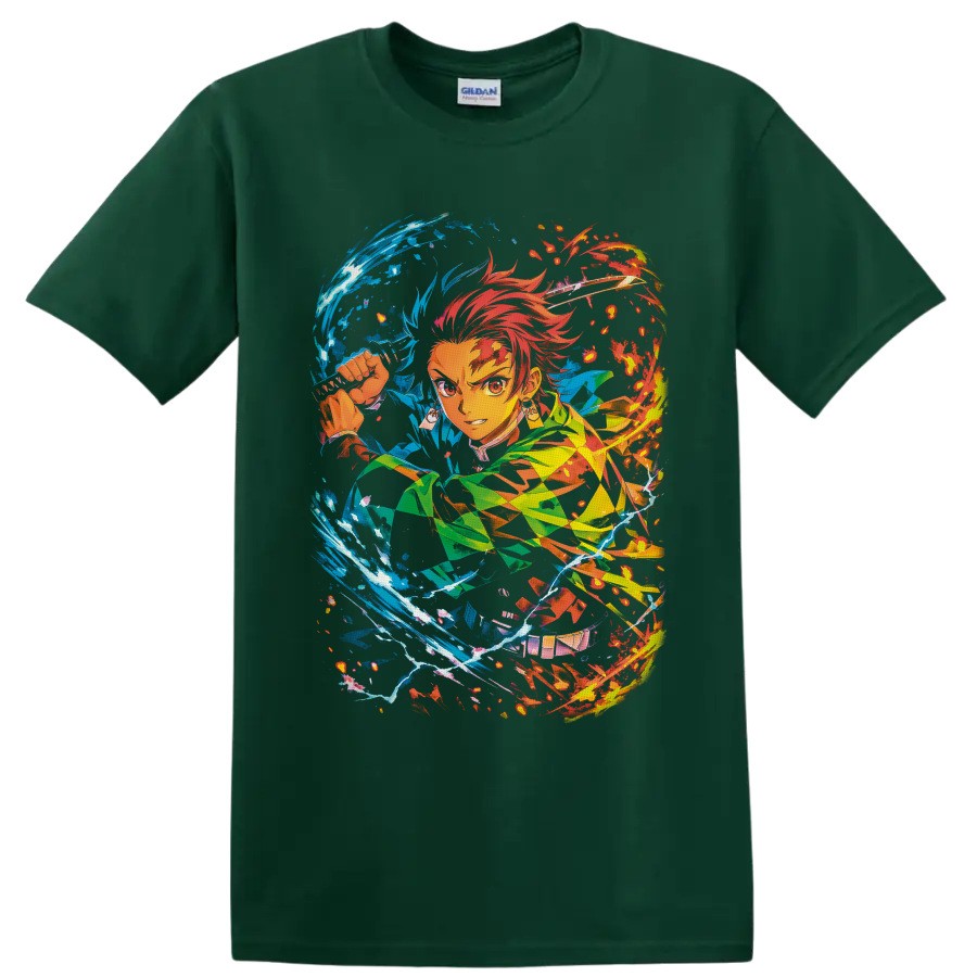 Tanjiro Kamado anime sword art with swirling blue water and red fire effects on a Forest Green T Shirt
