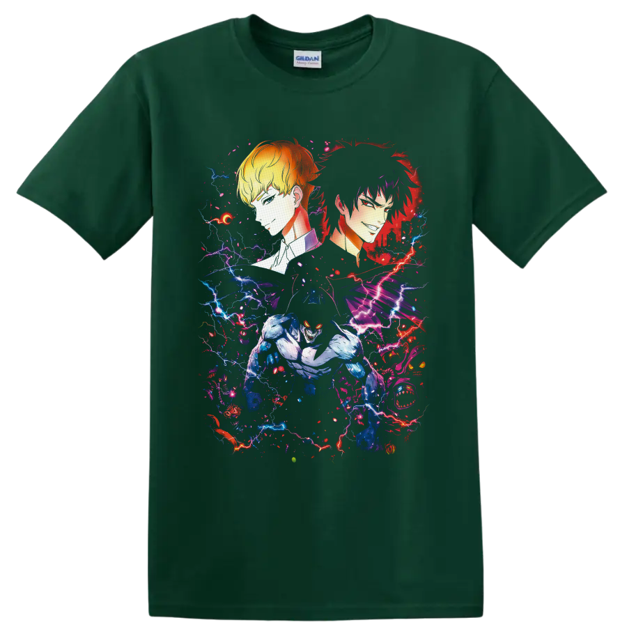 Ryo Asuka, Akira Fudo, and Devilman in neon lightning anime art on a Forest Green T Shirt