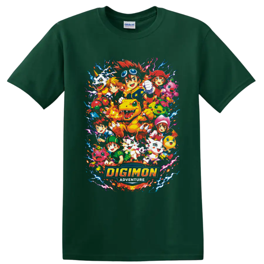 Digimon Adventure Agumon and DigiDestined anime collage with lightning and logo on a Forest Green T Shirt