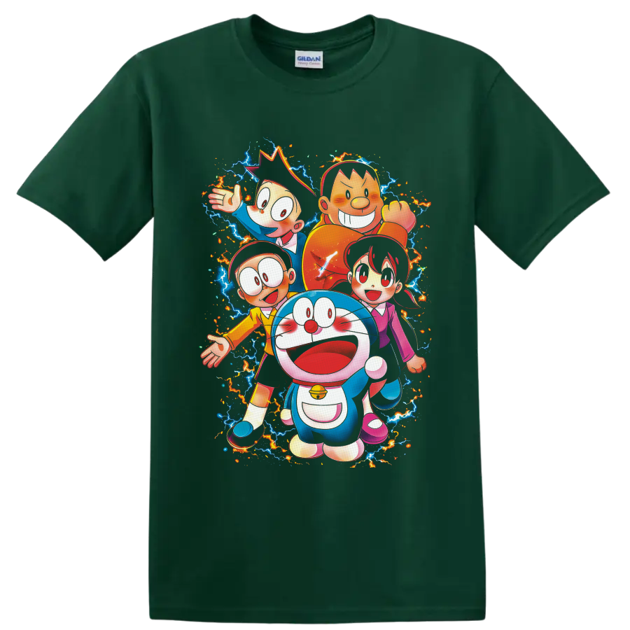 Doraemon and friends in vivid anime art with electric lightning and fiery sparks on a Forest Green T Shirt