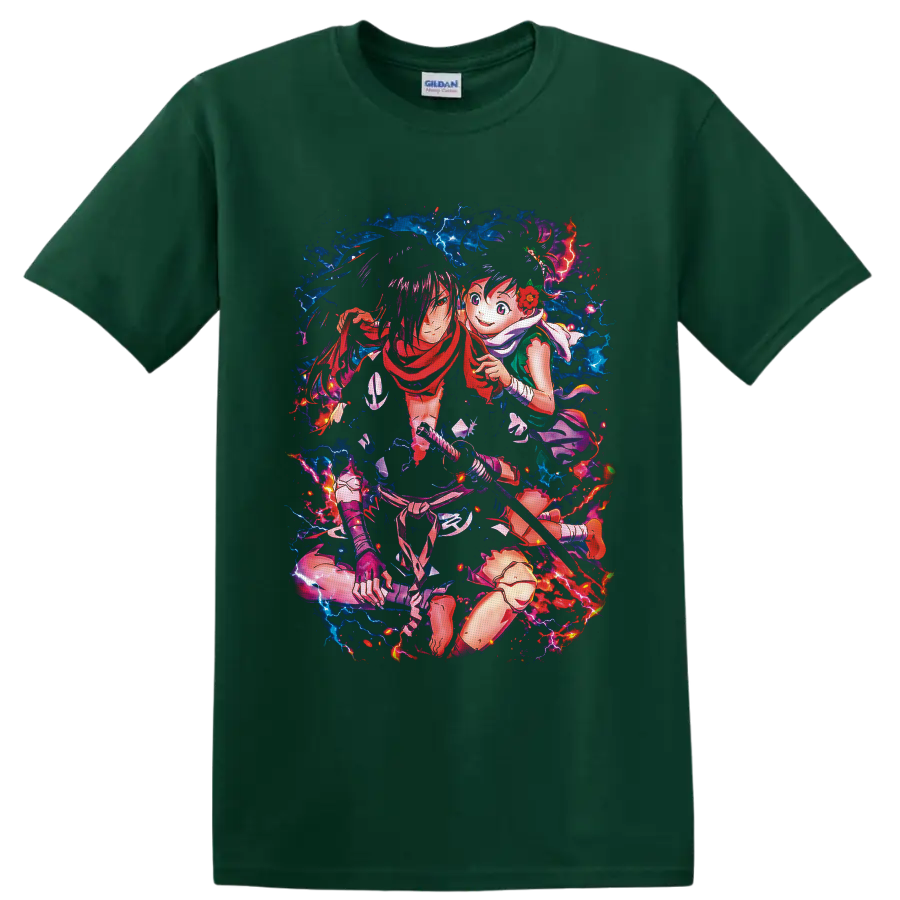 Gabimaru and Yui anime sword art with blue lightning and fiery red energy on a Forest Green T Shirt