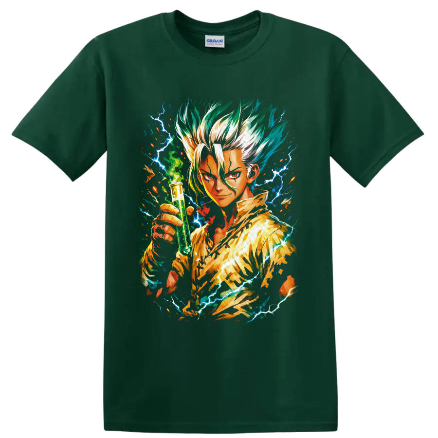 Senku Ishigami anime art holding a green test tube amid blue lightning on a Forest Green T Shirt