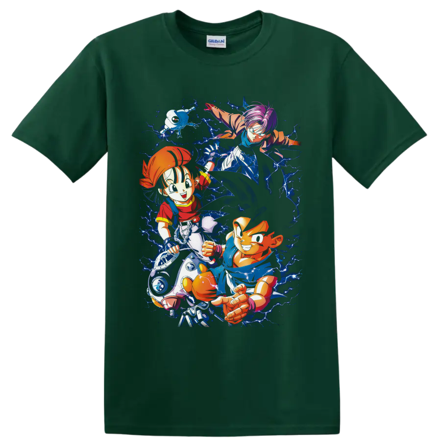 Goku, Pan and Trunks Dragon Ball GT anime art with electric blue lightning on a Forest Green T Shirt