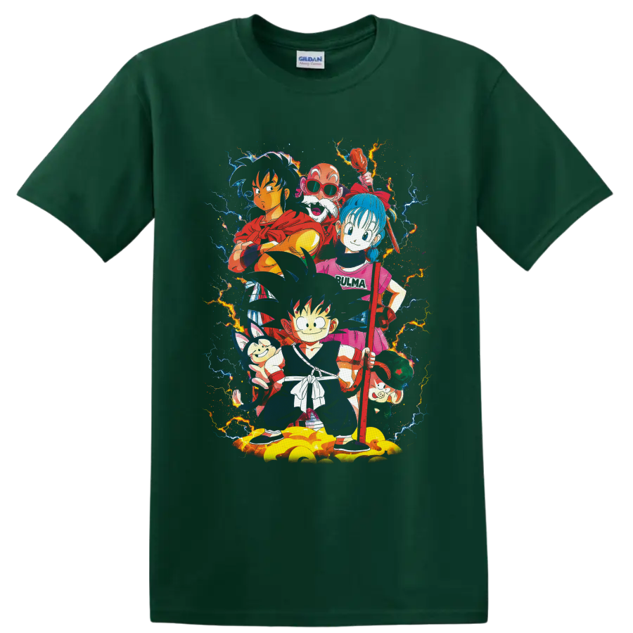 Dragon Ball Goku, Bulma, Yamcha and friends in vibrant lightning anime art on a Forest Green T Shirt
