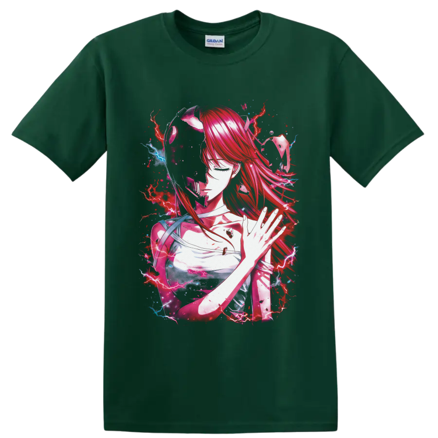 Elfen Lied Lucy anime artwork with red hair, horns, pink ribbons, and lightning on a Forest Green T Shirt