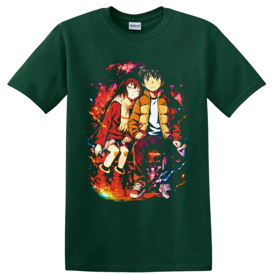 Satoru Fujinuma and Kayo Hinazuki in colorful Erased anime art with lightning on a Forest Green T Shirt