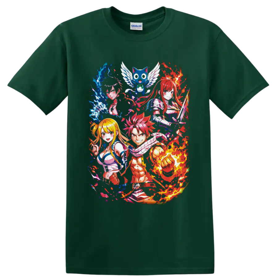 Fairy Tail characters Natsu, Lucy, Erza, Gray, and Happy in fire and ice anime art on a Forest Green T Shirt