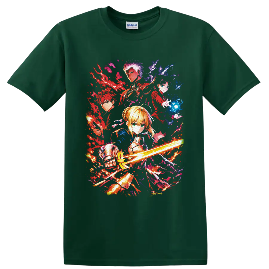 Fate/stay night Saber, Rin, Archer and Shirou action collage with sword and magic on a Forest Green T Shirt