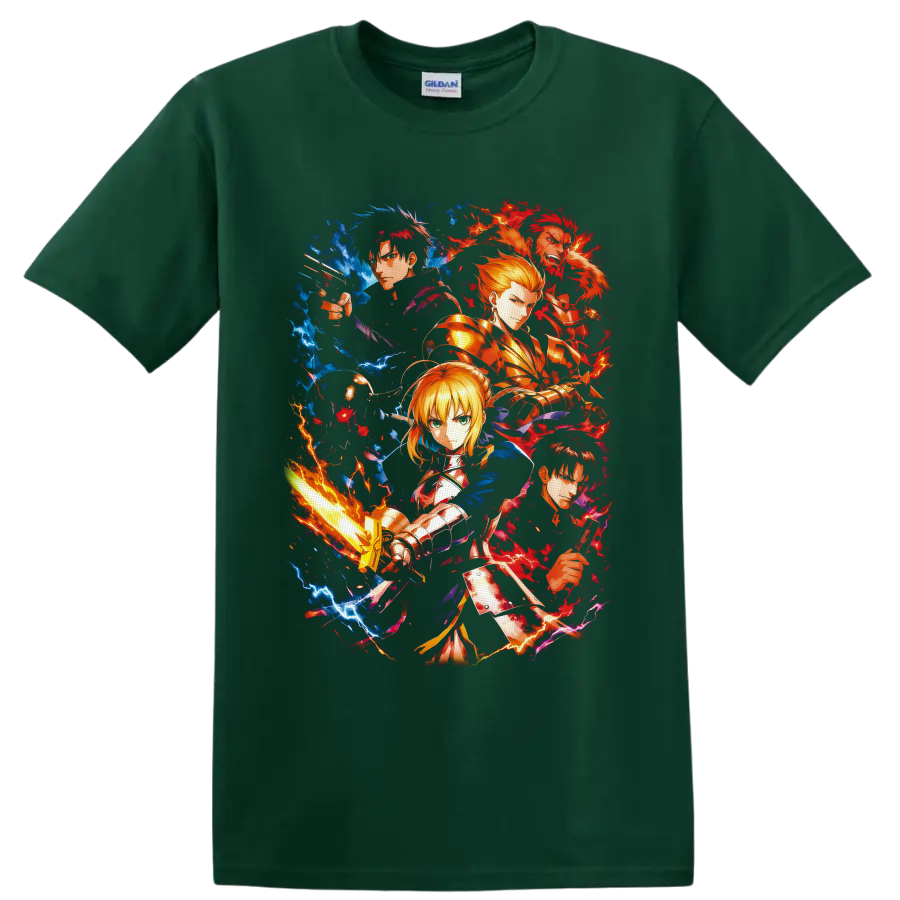 Fate/Zero Saber, Kiritsugu, Rider, Gilgamesh and Kirei anime lightning collage on a Forest Green T Shirt