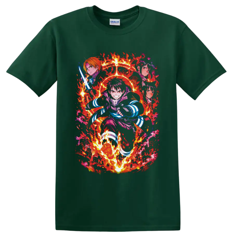 Shinra Kusakabe Fire Force anime action graphic with flames and burning city on a Forest Green T Shirt