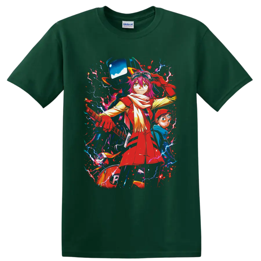 Haruko Haruhara with Naota and Canti in a neon lightning FLCL anime graphic on a Forest Green T Shirt