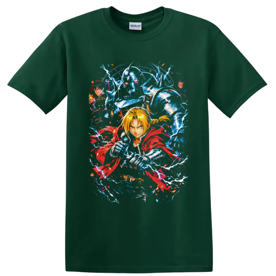 Edward Elric, Alphonse Elric, and Roy Mustang anime art with lightning and flames on a Forest Green T Shirt