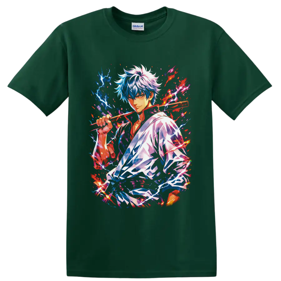 Gintoki Sakata anime portrait with wooden sword, lightning, flames, and cosmic splatter on a Forest Green T Shirt