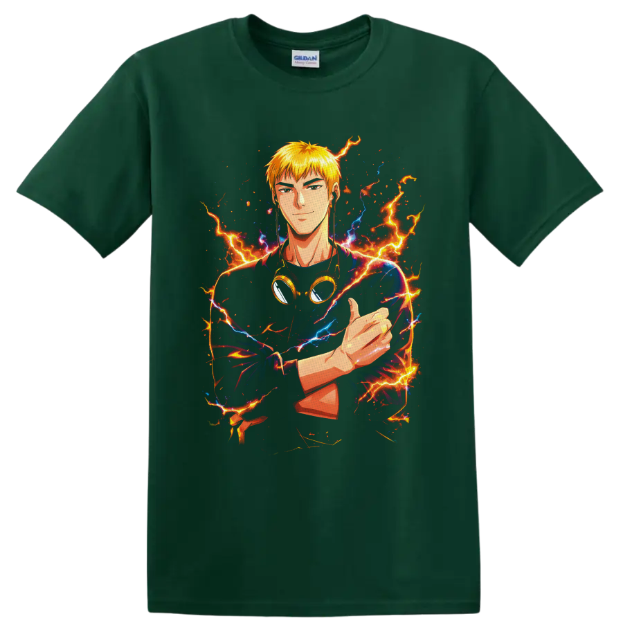Eikichi Onizuka anime portrait with goggles, fiery lightning, and electric blue energy on a Forest Green T Shirt