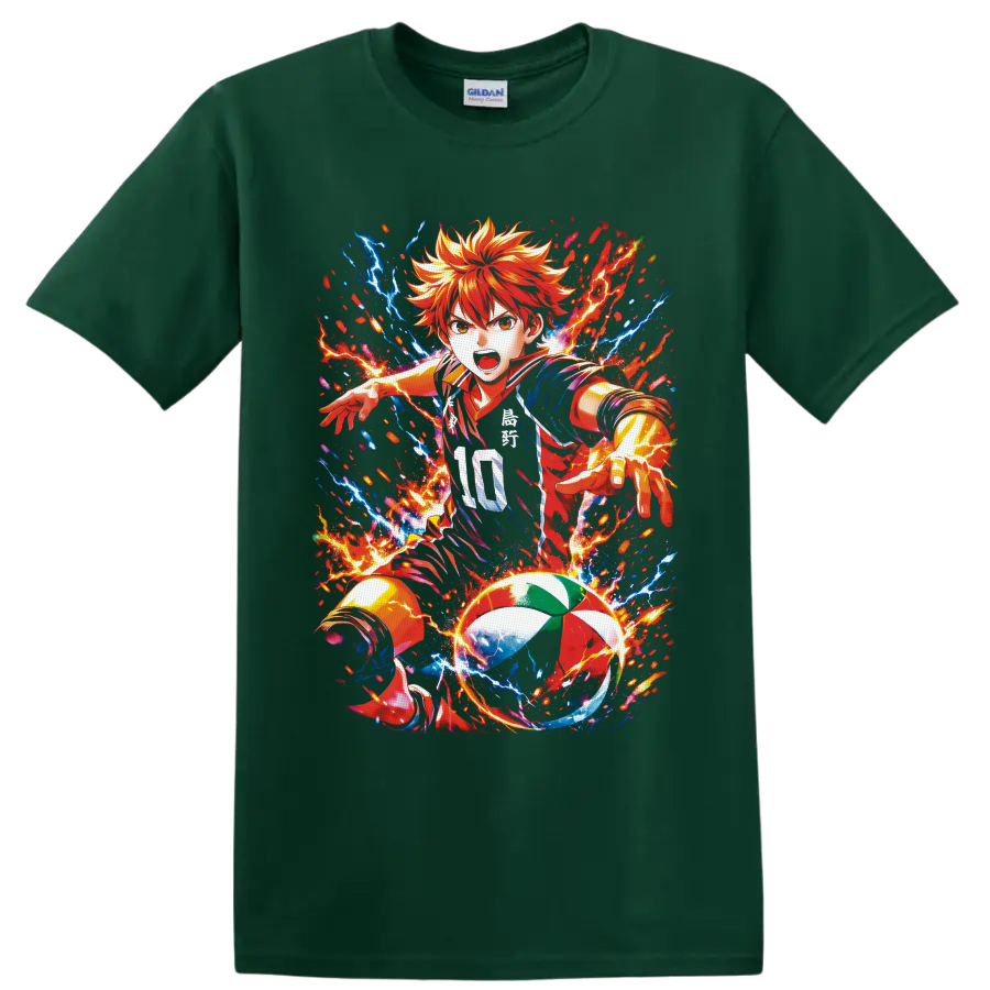 Shoyo Hinata Haikyu!! volleyball anime art with fiery lightning effects on a Forest Green T Shirt