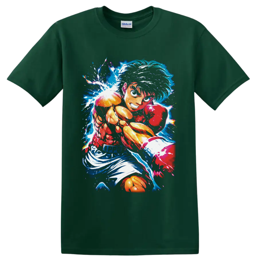 Ippo Makunouchi boxing punch in electric blue and fiery anime action art on a Forest Green T Shirt