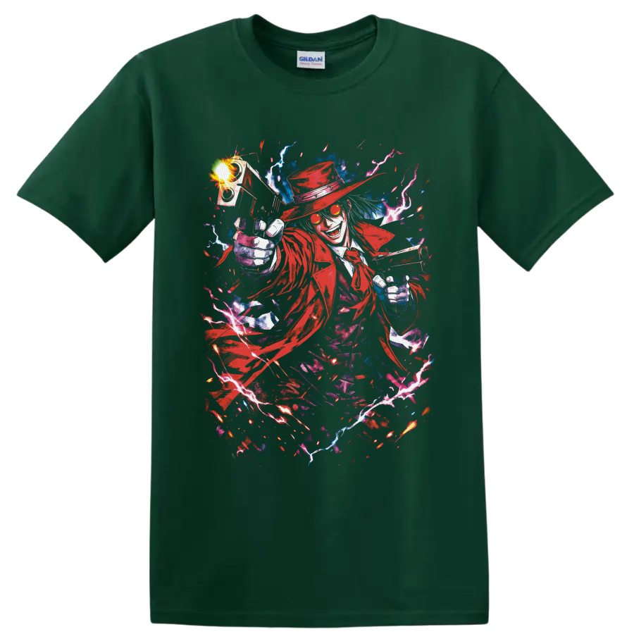 Alucard Hellsing gothic anime art with dual pistols, red coat, and lightning on a Forest Green T Shirt