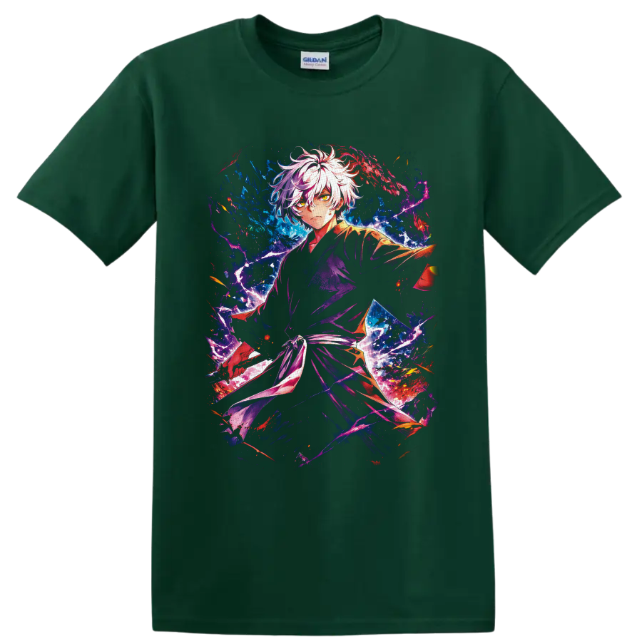 Gabimaru anime art with white hair, lightning, and blue purple red energy on a Forest Green T Shirt