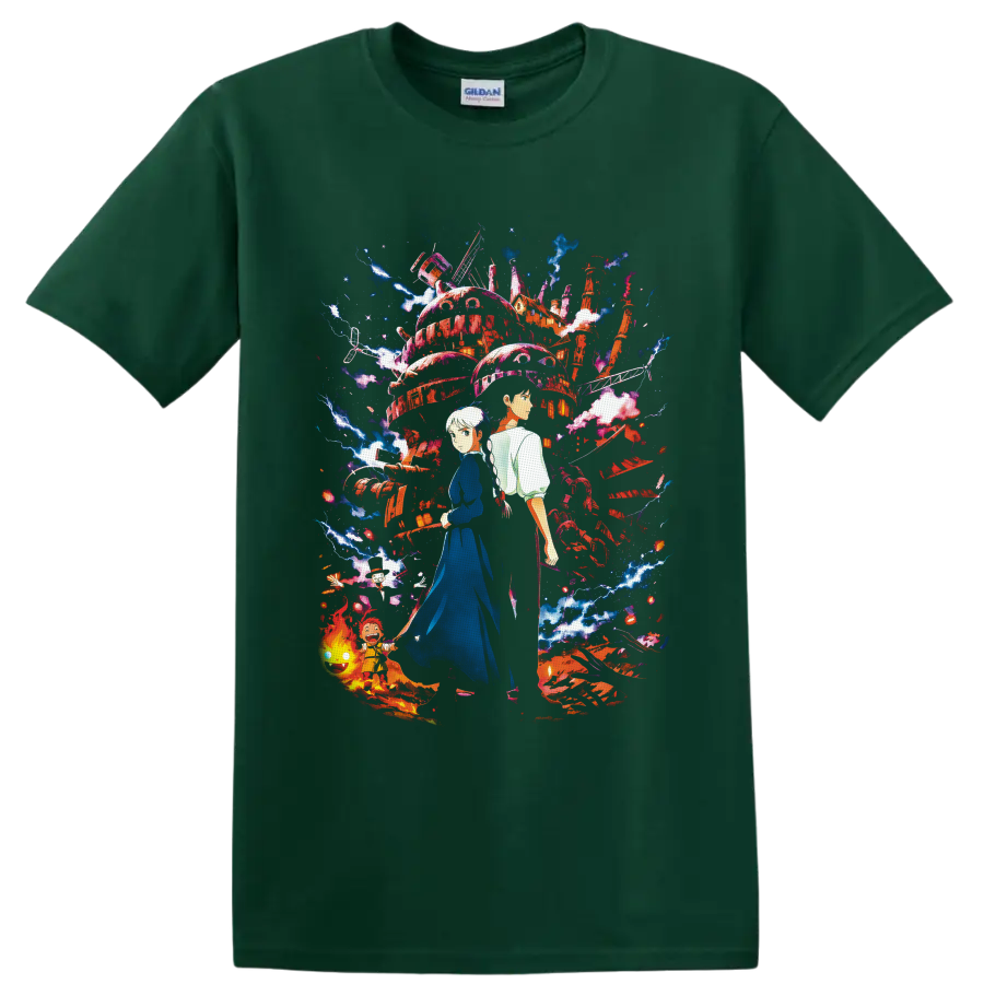 Sophie and Howl before a magical moving castle with Calcifer, Markl, lightning and flames on a Forest Green T Shirt