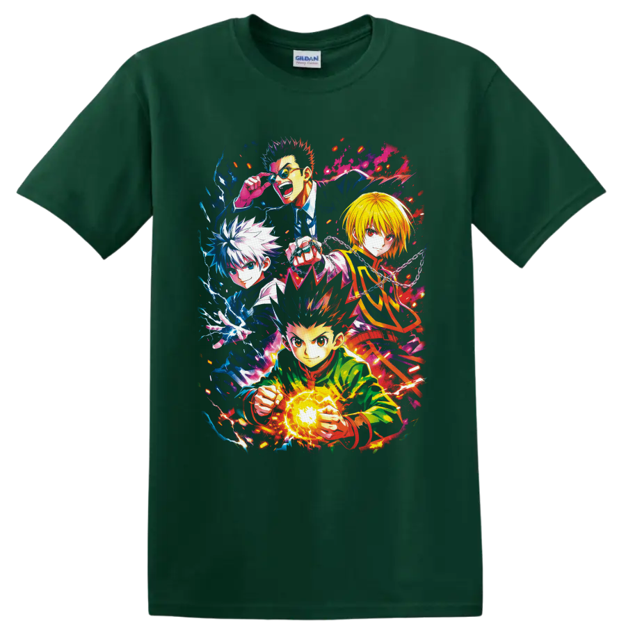 Hunter x Hunter Gon, Killua, Kurapika, and Leorio in vibrant splash-art action on a Forest Green T Shirt