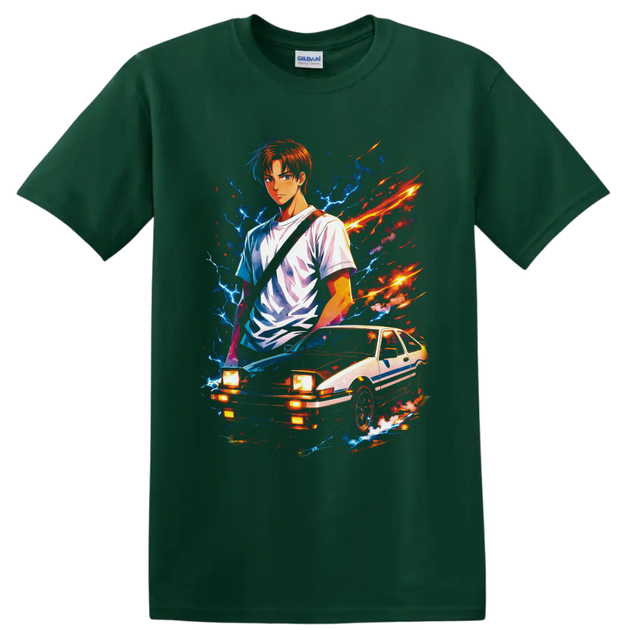 Takumi Fujiwara with Toyota Sprinter Trueno AE86 in neon anime lightning art on a Forest Green T Shirt