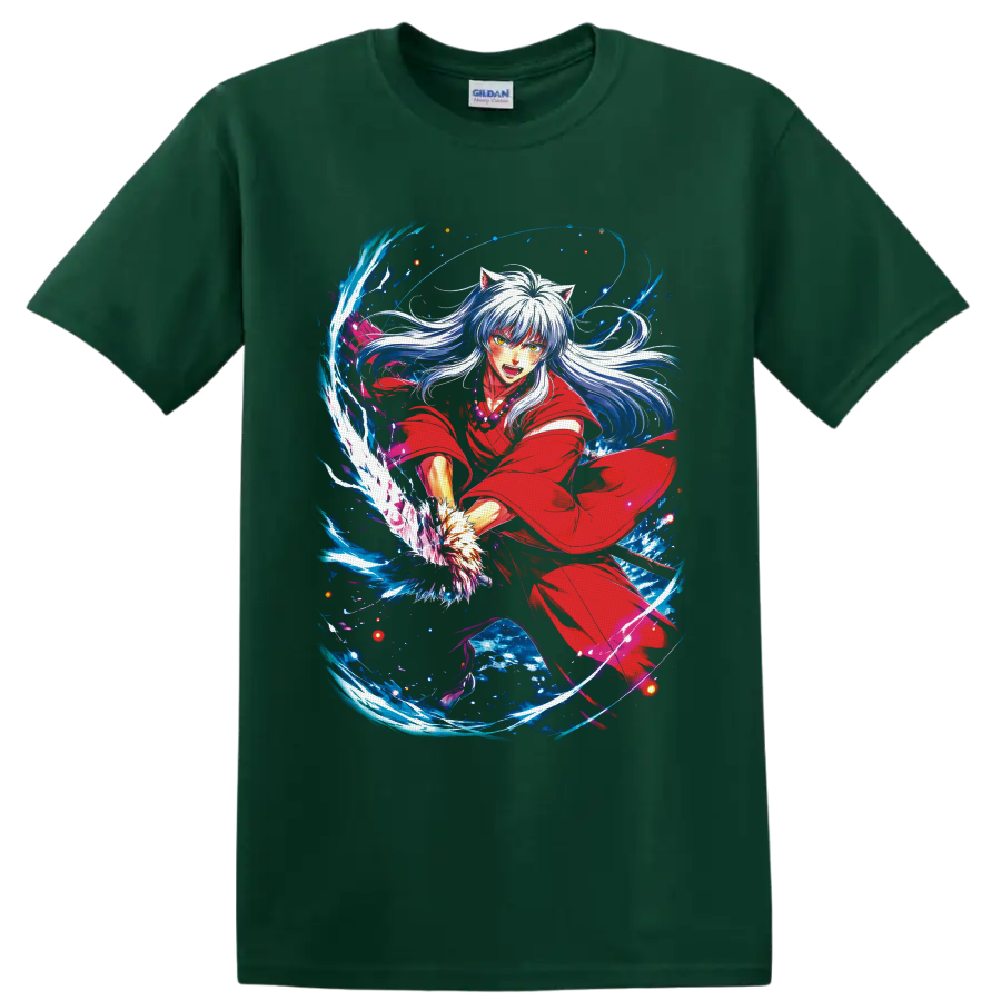Inuyasha in red robe with silver hair and swirling blue fantasy energy on a Forest Green T Shirt