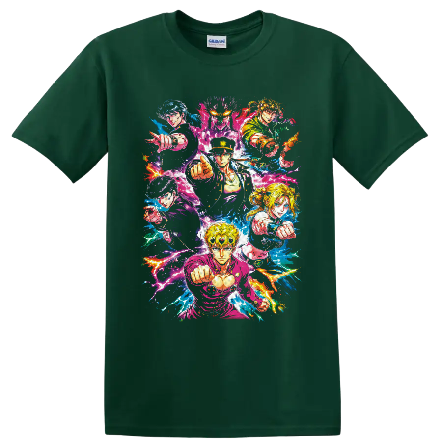Jonathan Joestar and JoJo's Bizarre Adventure heroes in vibrant lightning anime art on a Forest Green T Shirt