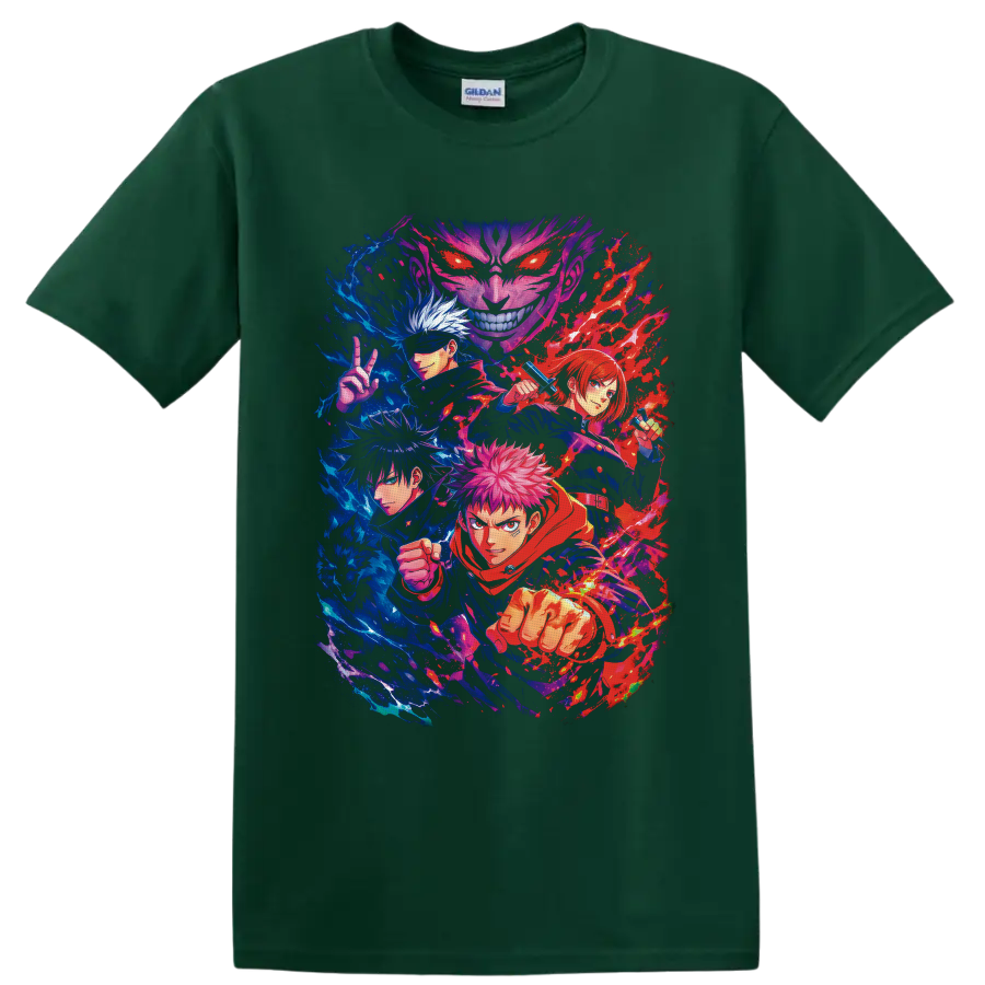 Yuji Itadori and Jujutsu Kaisen characters in vivid blue and red battle art on a Forest Green T Shirt