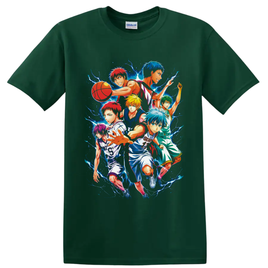Kuroko's Basketball players in a dynamic anime collage with electric blue lightning on a Forest Green T Shirt
