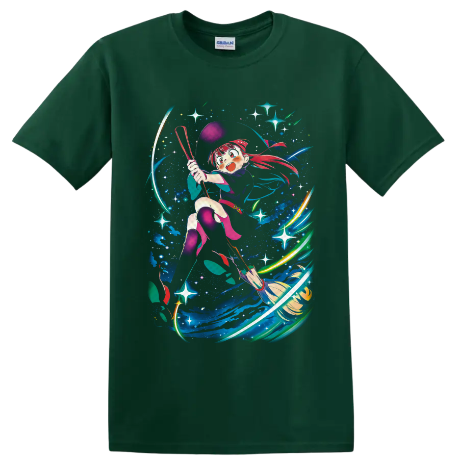 Atsuko Kagari flying on a broom through colorful cosmic magic and stars on a Forest Green T Shirt