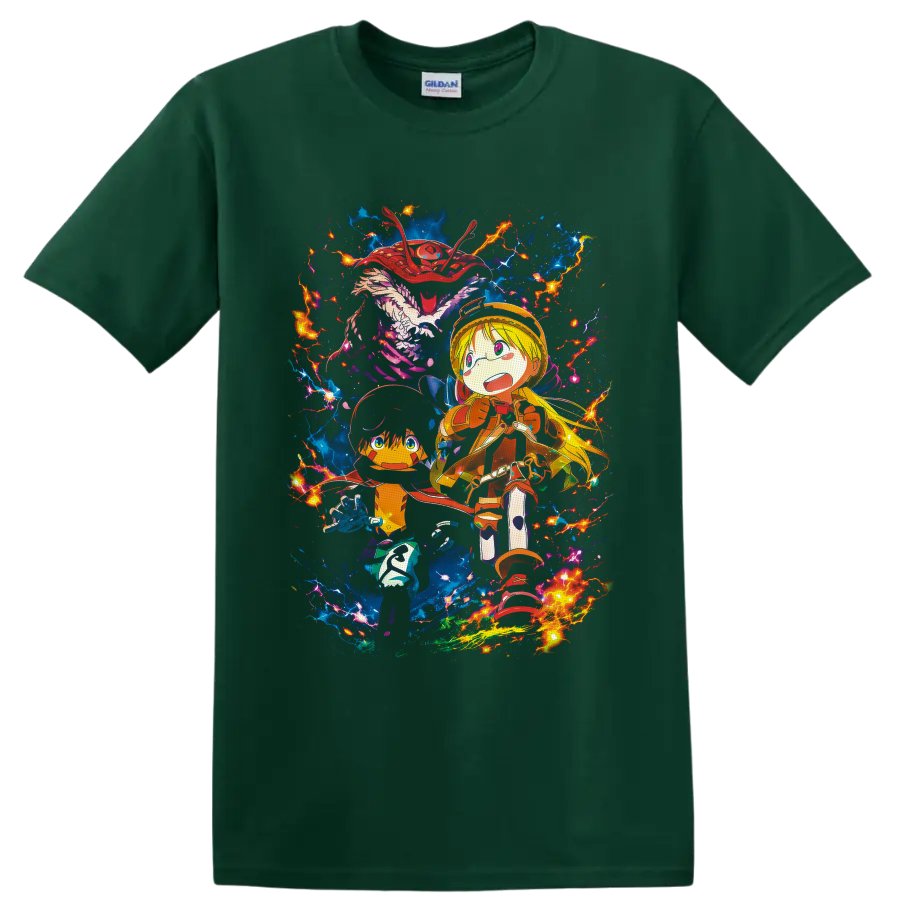 Riko and Reg with blue creature, electric lightning, and vivid fantasy anime art on a Forest Green T Shirt