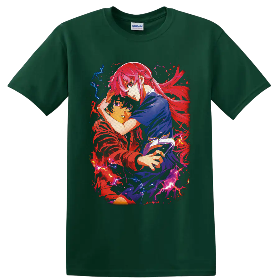 Mirai Nikki anime character duo with red blue lightning and flowing pink-red hair on a Forest Green T Shirt