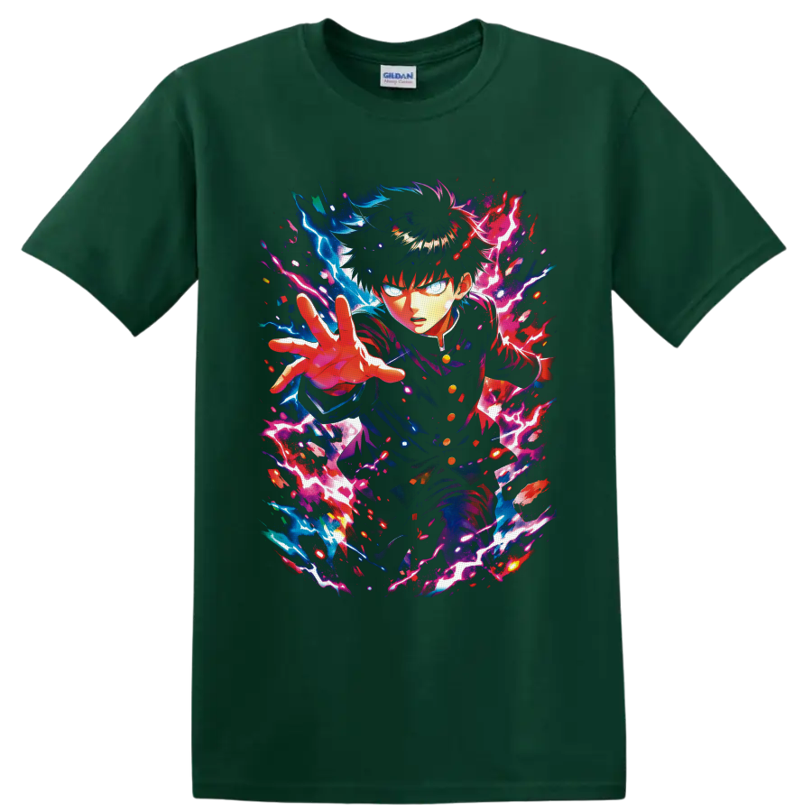 Shigeo Kageyama psychic anime art with blue and pink lightning energy on a Forest Green T Shirt