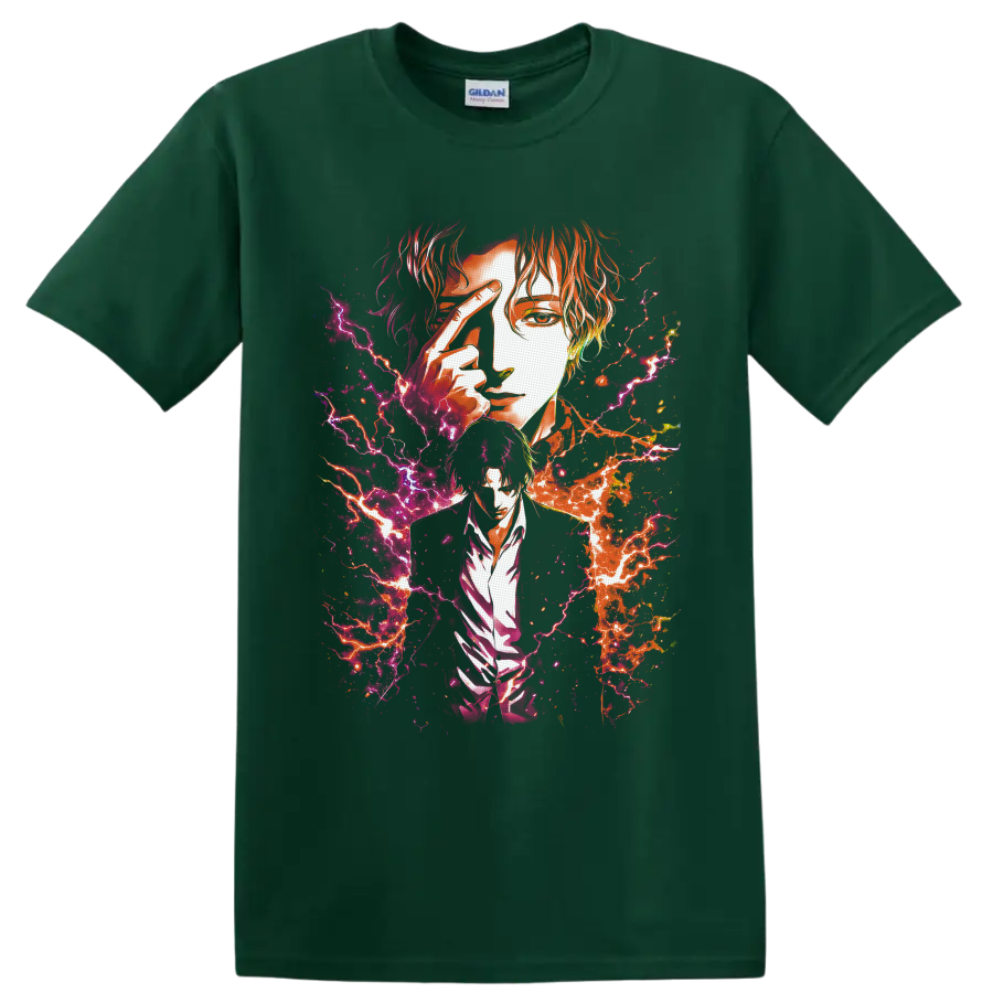 Baku Madarame anime portrait with neon pink and orange lightning splatter art on a Forest Green T Shirt