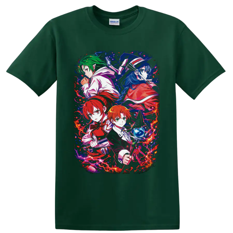 Rudeus Greyrat and companions in vivid fantasy anime art with lightning and magic on a Forest Green T Shirt