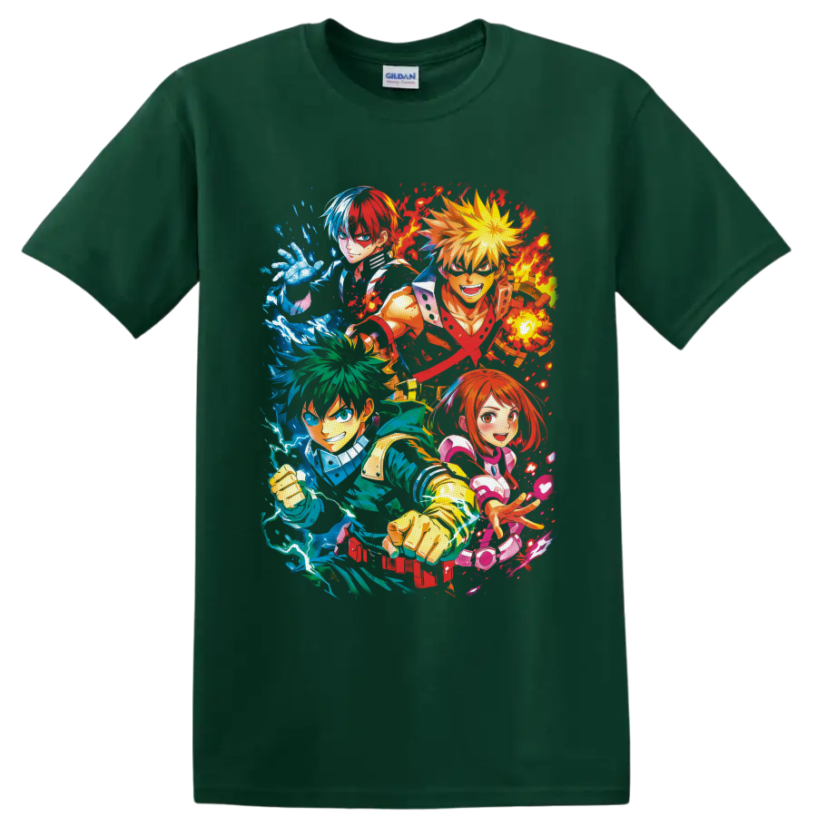 My Hero Academia heroes in colorful anime action collage with energy effects on a Forest Green T Shirt