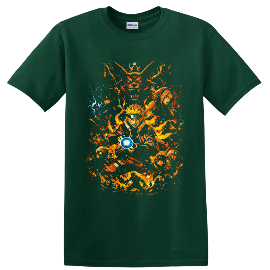 Naruto Uzumaki and Kurama anime battle art with fiery chakra and blue energy sphere on a Forest Green T Shirt