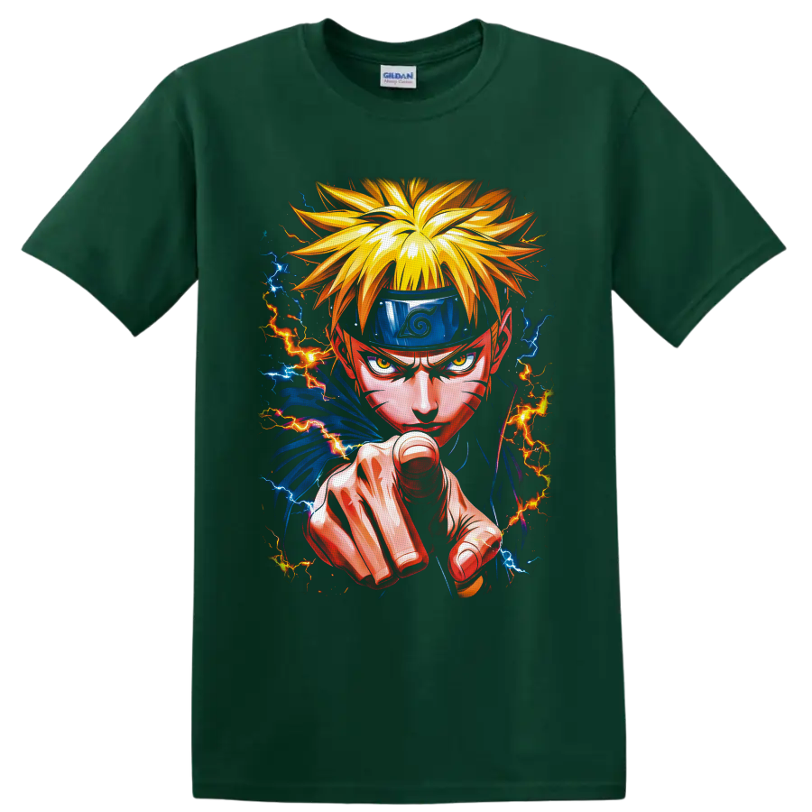 Naruto Uzumaki lightning ninja portrait with forward punch and blue orange energy on a Forest Green T Shirt