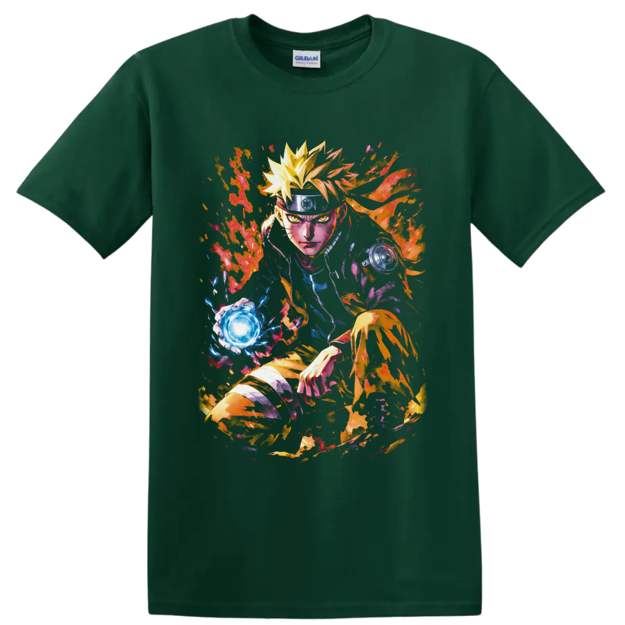 Naruto Uzumaki anime art with glowing Rasengan, fiery chakra, and colorful paint splashes on a Forest Green T Shirt