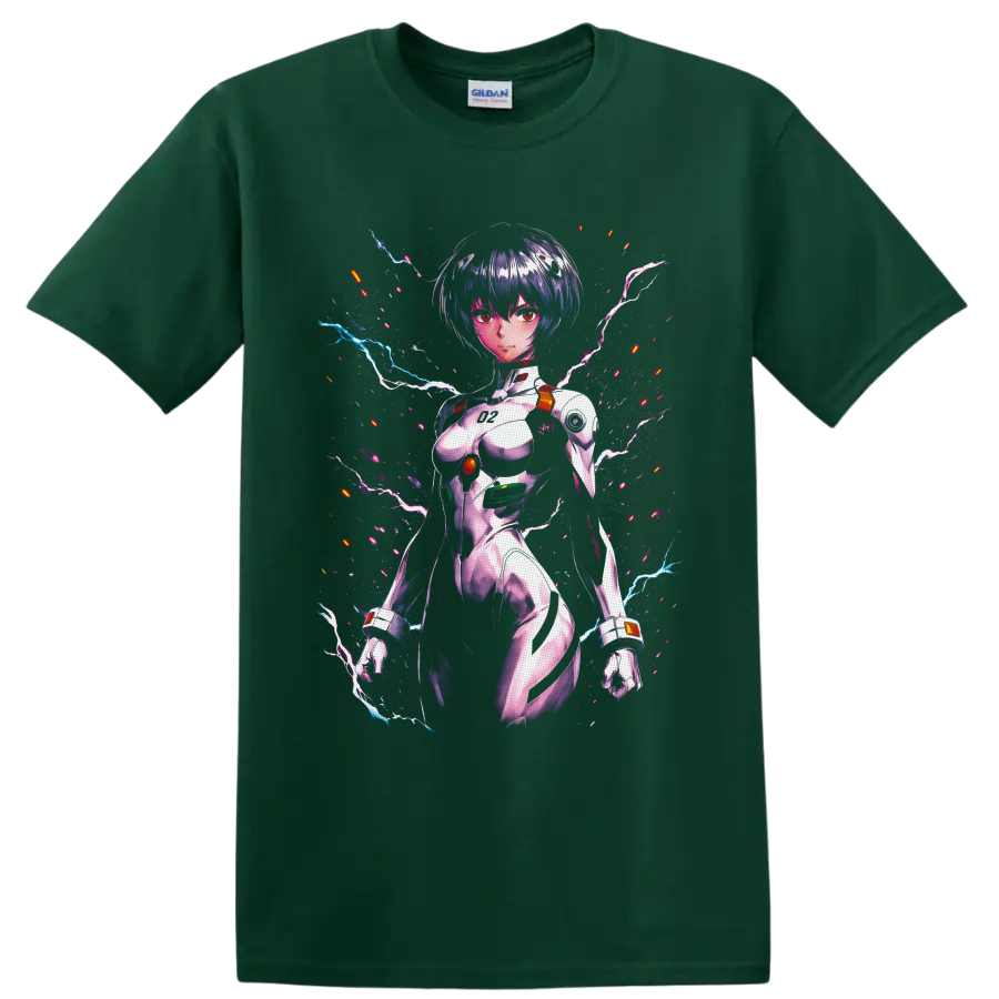 Rei Ayanami in a neon cyberpunk plugsuit portrait with lightning and glitch effects on a Forest Green T Shirt