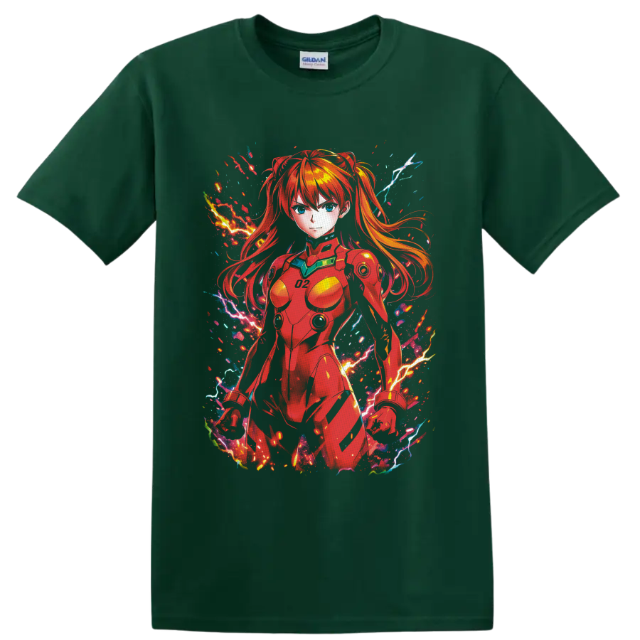Asuka Langley Soryu in red pilot suit with neon lightning anime action art on a Forest Green T Shirt