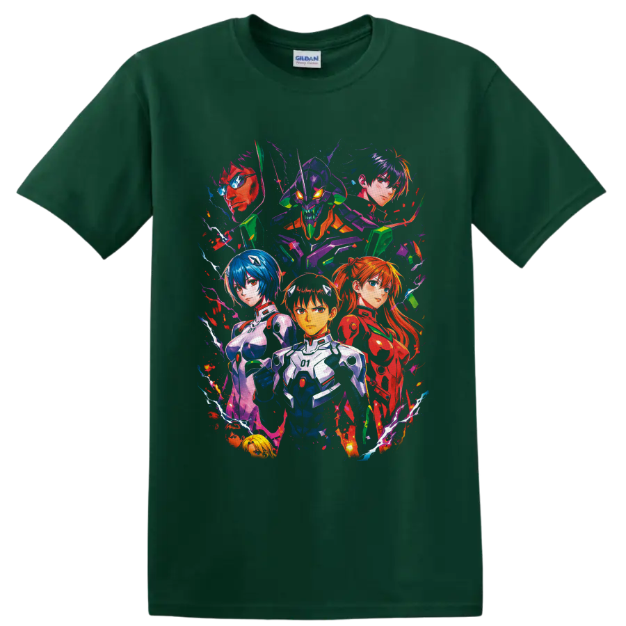 Neon Genesis Evangelion character collage with Shinji Ikari and Unit-01 in neon splatter on a Forest Green T Shirt