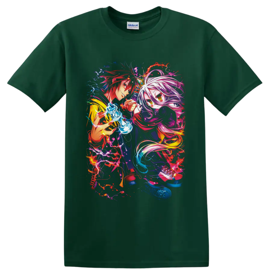 Sora and Shiro with a glowing chess piece in neon fantasy anime art on a Forest Green T Shirt